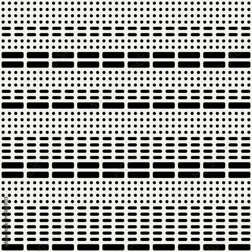Black circles and rectangles pattern. Vector seamless lines with shapes. Monochrome same horizontal line decor ornament.