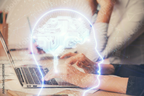 Multi exposure of woman hands working on computer and brain hologram drawing. Ai concept.