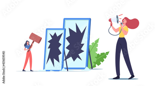 Self Anger Concept. Unhappy Angry Female Character Yelling on herself through Loudspeaker and Breaking Mirror