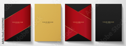 Modern red, black cover design set. Creative abstract with diagonal line, carbon pattern (triangle texture) on background. Premium vector collection for catalog, brochure template, magazine, booklet