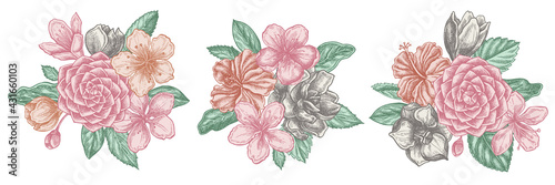 Flower bouquet of pastel hibiscus, plum flowers, peach flowers, sakura flowers, magnolia flowers, camellia japonica