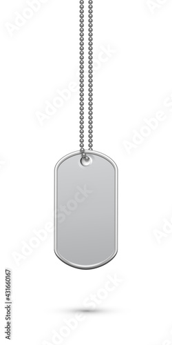 Empty silver military or dogs badge hanging on steel chain. Vector army object isolated on white background. Pendant with blank space for identification, blood type in case of death and injury.