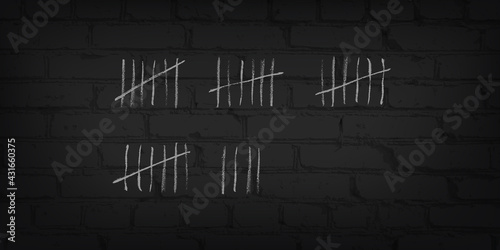 Count tally on black brick wall in prison. Jail white marks scratched and crossed out vector illustration. Counting days, weeks and waiting. Time counter on dark stone background