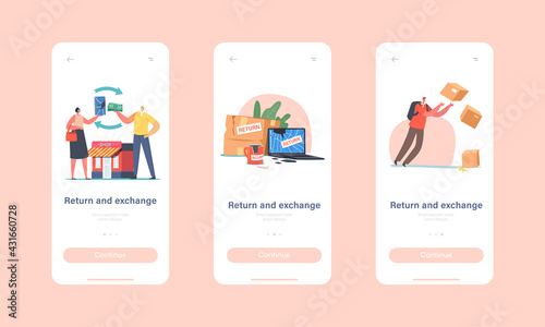Broken Goods Return and Exchange Mobile App Page Onboard Screen Template. Characters Return Damaged Things to Shop