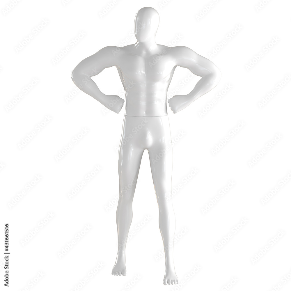 White male abstract mannequin stands holding bent arms at sides on isolated background. 3d rendering White male abstract mannequin stands holding bent arms at sides on isolated background. 3d rendering