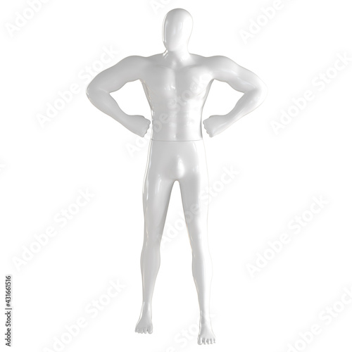 White male abstract mannequin stands holding bent arms at sides on isolated background. 3d rendering © jockermax3d