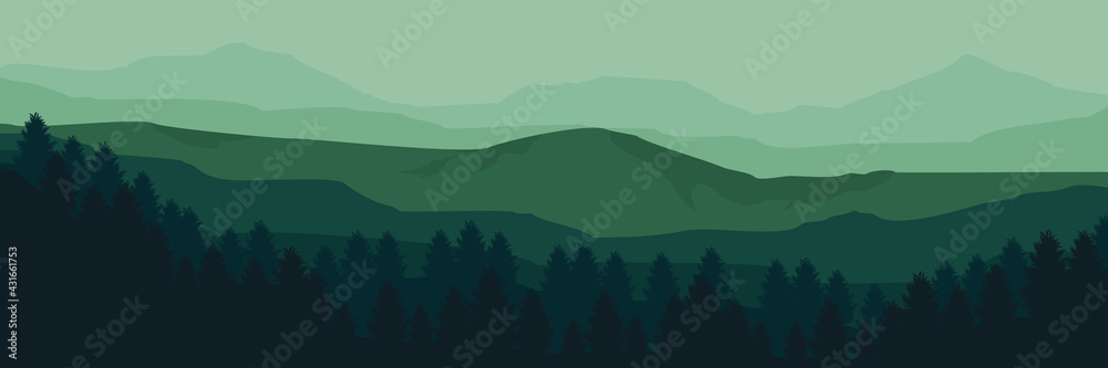green forest in mountain vector flat design illustration for wallpaper,  background, banner, template, and backdrop Stock Vector | Adobe Stock