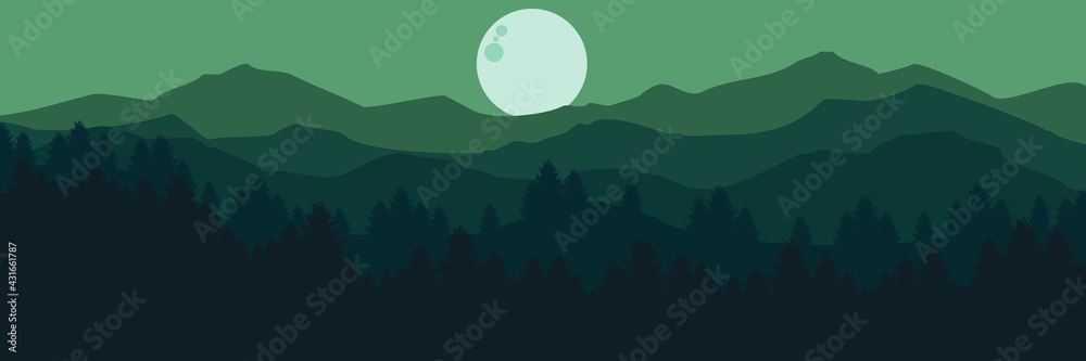 flat design landscape with mountains trees and moon vector illustration for wallpaper, background, backdrop, banner, and template background