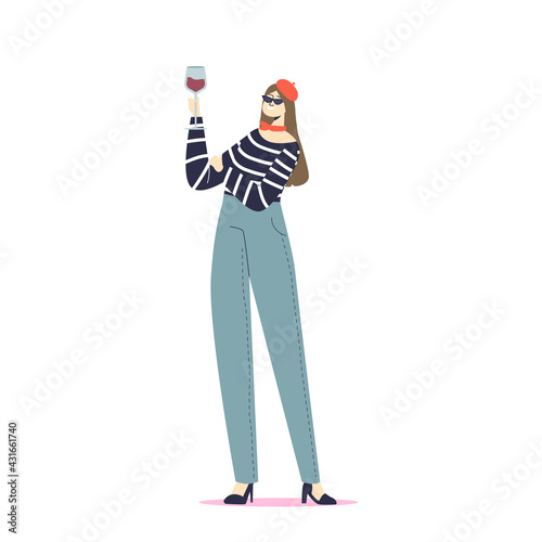 French girl in beret and sunglasses drinking red wine. Typical france cartoon character and symbols