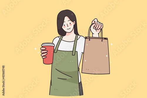 Barista during work in cafeteria concept. Young smiling woman barista cartoon character working at cafeteria holding coffee cup bag for client vector illustration 