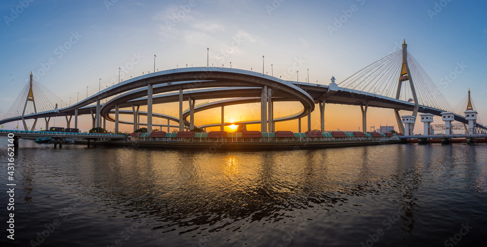 Panorama landscape of Bhumibol Bridge is a large and modern-looking bridge that is an important landmark of Bangkok in sunset time