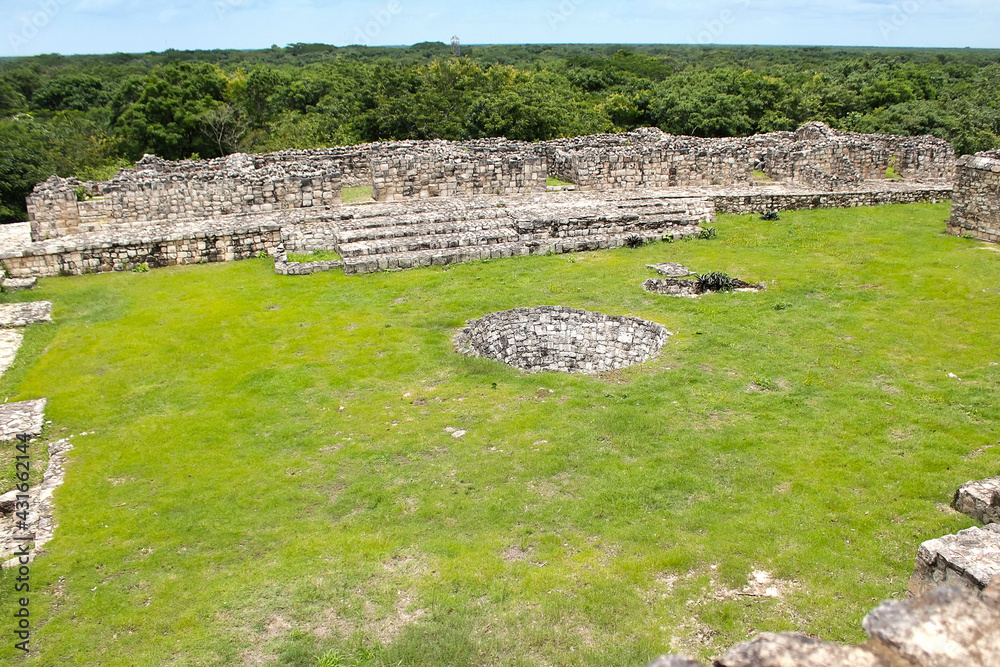 Ek Balam, Temozon, Yucatan, Mexico. Top view from Acropolis pyramid on the temples in the middle of the jungles. 