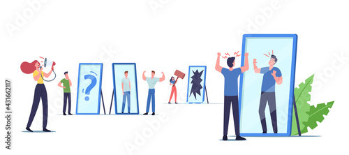 Self Anger, Loathing, Low Esteem Concept. Unhappy Characters Look in Mirror Dissatisfied with their Reflection