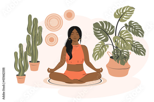 Modern woman with dark hair sitting in her room, practicing yoga and enjoying meditation.Concept for yoga, meditation, relax, recreation, healthy lifestyle, stay home. Vector illustration