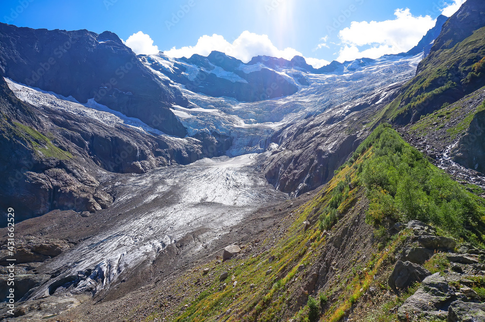 View of the circus of the Alibek glacier, Dombay region, Caucasus, Russia View of the circus of the Alibek glacier, Dombay region, Caucasus, Russia