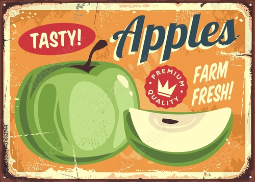 Green apples vintage farm sign board. Apple slice retro graphic. Old plantation sign with healthy delicious fruit. Vector template.