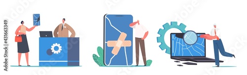 Set Male and Female Characters Bring Broken Gadgets to Fix in Special Repair Service. Tiny People with Huge Smartphone