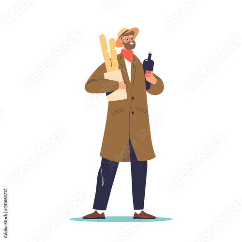 Stylish french man holding baguettes and bottle of red wine as traditional typical France symbols
