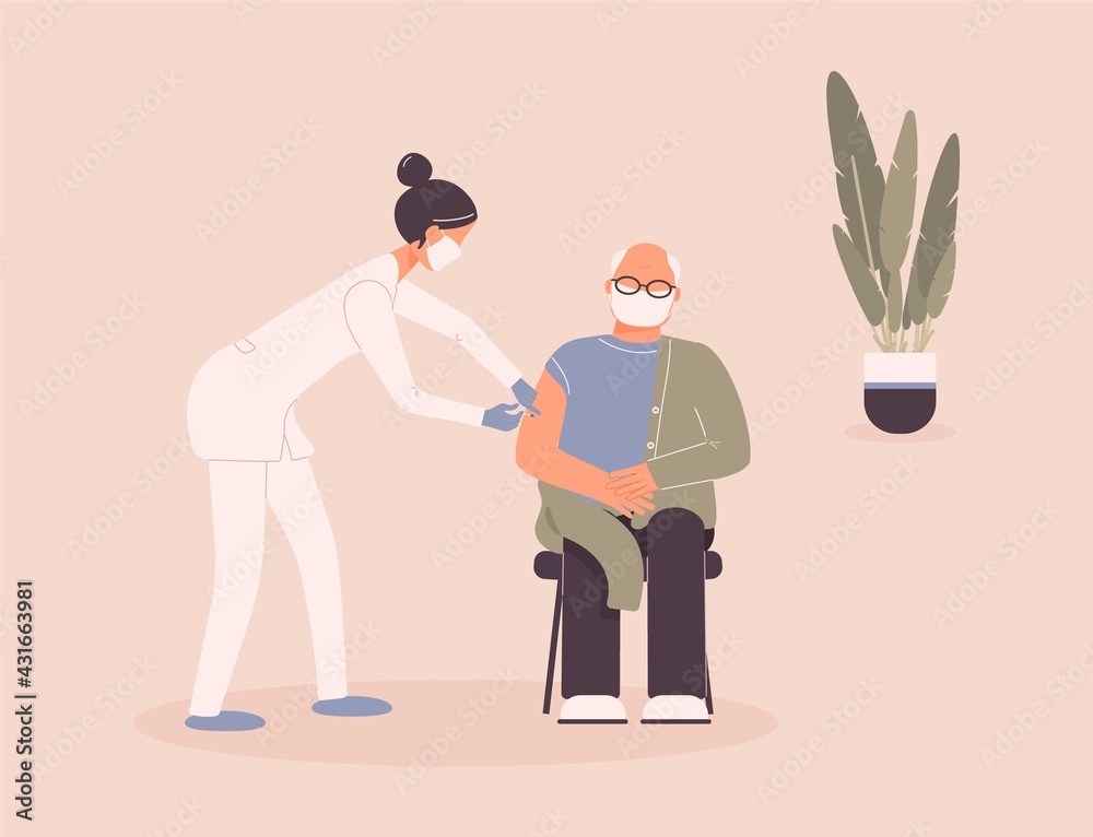 Coronavirus vaccination of patient by doctor.Older man in protective medical mask get virus grafting. Therapist hold syringe with dose of medicine.Nurse vaccinate pensioner.Raster Coronavirus vaccination of patient by doctor.Older man in protective medical mask get virus grafting. Therapist hold syringe with dose of medicine.Nurse vaccinate pensioner.Raster