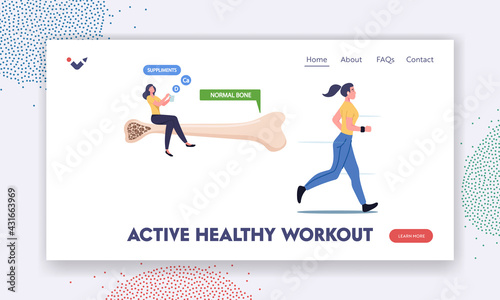 Active Healthy Workout Landing Page Template. Osteoporosis Disease Prevention, Tiny Female Character Sit on Healthy Bone