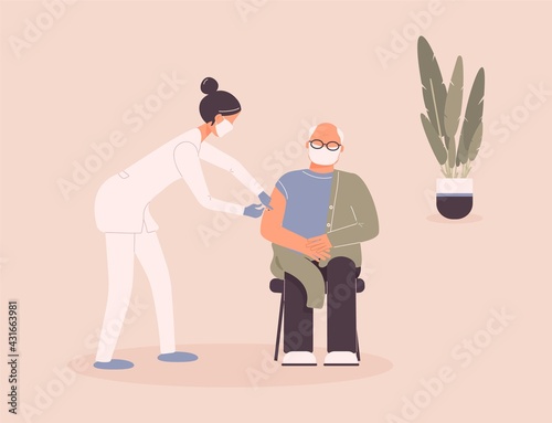 Coronavirus vaccination of patient by doctor.Older man in protective medical mask get virus grafting. Therapist hold syringe with dose of medicine.Nurse vaccinate pensioner.Raster