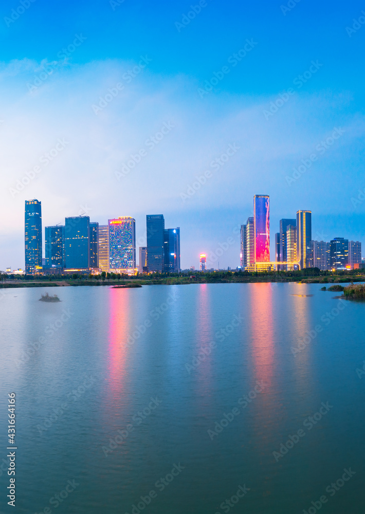 Night view of CBD in Yiwu City, Zhejiang Province, China