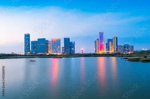 Night view of CBD in Yiwu City  Zhejiang Province  China