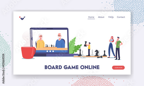 Board Game Online Landing Page Template. Family Characters Playing Chess. Parent, Grandparents and Child Distant Game