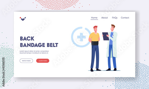 Back Bandage Belt Landing Page Template. Male Character Wearing Orthopedic Medic Bandage for Spine Backache Treatment