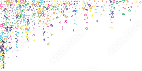 Falling letters of English language. Colorful messy sketch flying words of Latin alphabet. Foreign languages study concept. Bewitching back to school banner on white background.