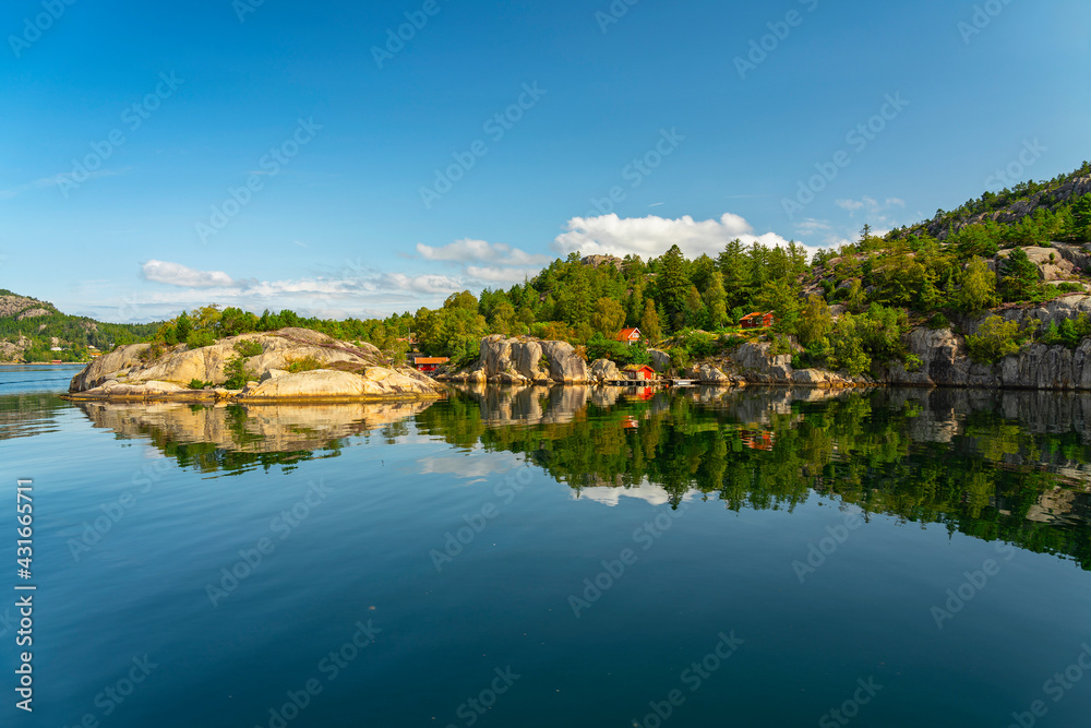 Norway, fjord sea green landscape with reflection, Lysefjord