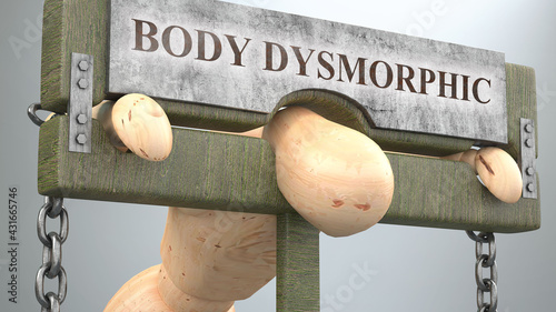 Body dysmorphic that affect and destroy human life - symbolized by a figure in pillory to show Body dysmorphic's effect and how bad, limiting and negative impact it has, 3d illustration photo