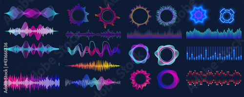 Colorful sound waves. Audio signal wave, color gradient music waveforms and digital studio equalizer vector set. Analog and digital audio signal.  High frequency radio wave. Vector illustration photo