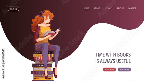 Woman sitting on the stack of books and reading. Bookstore, bookshop, library, book lover, bibliophile, education concept. Vector illustration for poster, banner, website, advertising.