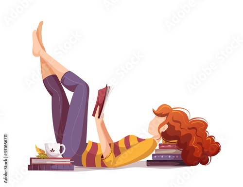 Woman lying on the stack of books and reading. Bookstore, bookshop, library, book lover, bibliophile, education concept. Isolated vector illustration for poster, banner, advertising.