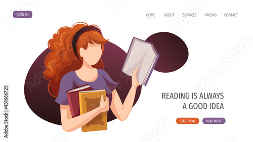 Woman holding and reading books. Bookstore, bookshop, library, book lover, bibliophile, education concept. Vector illustration for poster, banner, website, advertising.