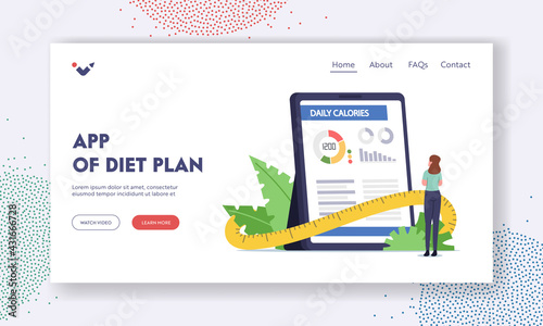 Diet Plan App Landing Page Template. Tiny Female Character Stand at Huge Tablet with Application for Counting Calories