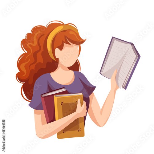 Woman holding and reading books. Bookstore, bookshop, library, book lover, bibliophile, education concept. Isolated vector illustration for poster, banner, advertising.