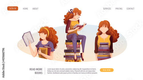 Young women reading books. Bookstore, bookshop, library, book lover, bibliophile, education concept. Vector illustration for poster, banner, website, advertising.