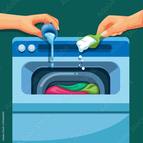Hand pour liquid and detergent to washing machine. laundry instruction symbol illustration vector