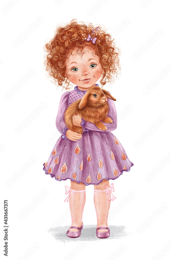 Cute little girl with a baby ginger rabbit in her arms. Hand-painted lovely baby with curly red hair in a beautiful lilac dress on white background. Baby girl theme. Ideal for printing, posters, card. Cute little girl with a baby ginger rabbit in her arms. Hand-painted lovely baby with curly red hair in a beautiful lilac dress on white background. Baby girl theme. Ideal for printing, posters, card.
