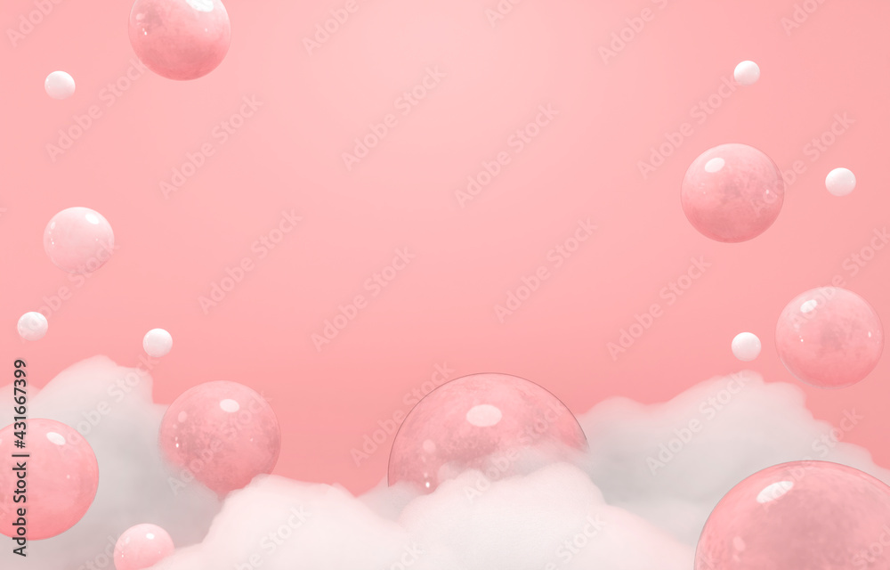 Exhibition base for product. Sweet candies - 3d render illustration Delicate fluffy clouds, white soapy foam. Empty space for goods. Pink pastel background. Chewing gum bubbles. 