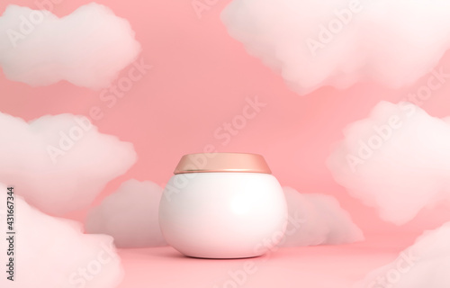 Moisturizing cream gel in jar, tube. Delicate fluffy clouds, white soapy foam. Cosmetic Gift, Anniversary Present. Pink delicate background for advertising branded products. 3d render illustration