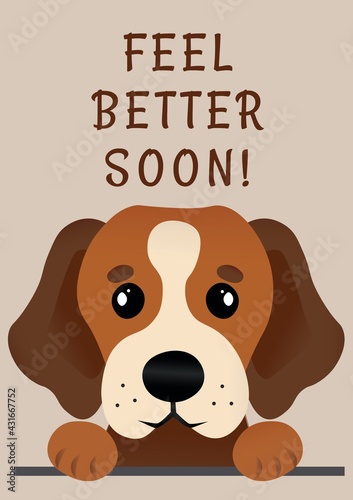 Composition of feel better soon message and brown dog portrait on beige background