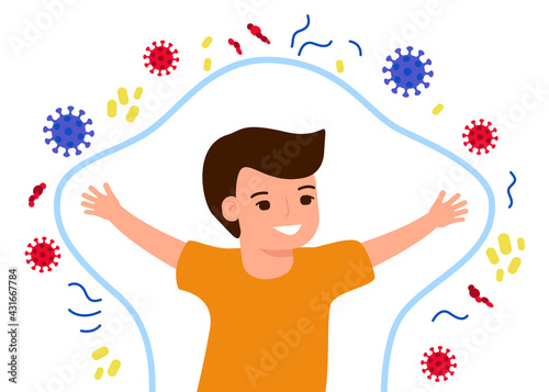 Kid immune health system and protect barrier against virus and bacteria. Happy healthy boy. Vector illustration