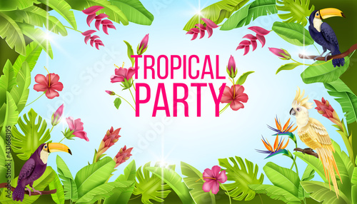 Tropical party jungle vector frame, toucan, exotic parrot, banana leaves, paradise flower, hibiscus background. Summer nature Hawaii holiday banner, floral Amazon design. Tropical party vacation flyer