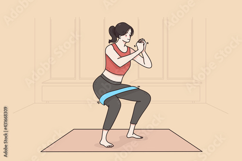 Sports workout and training concept. Cheerful fitness young woman cartoon character in sportswear standing on fitness mat doing workout with special equipment at home vector illustration 