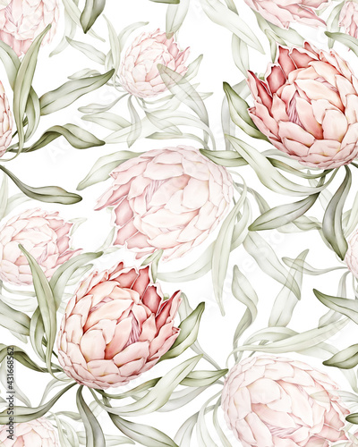 Seamless pattern with tropical protea flower in pastel colors photo