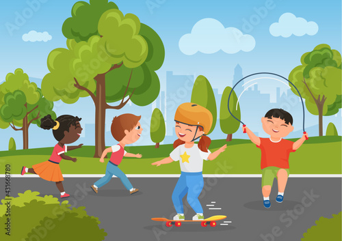 Children play in city park, healthy summer activity in nature vector illustration. Cartoon boy character playing jumping rope, girl child riding skateboard, kids run fun, happy childhood background