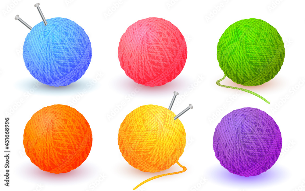 Different color balls of yarn threads. Bundles of wool for knitting  isolated on white background. Realistic detailed colored yarn balls with  knitting needles. Skeins of wool. Vector illustration EPS10 Stock Vector